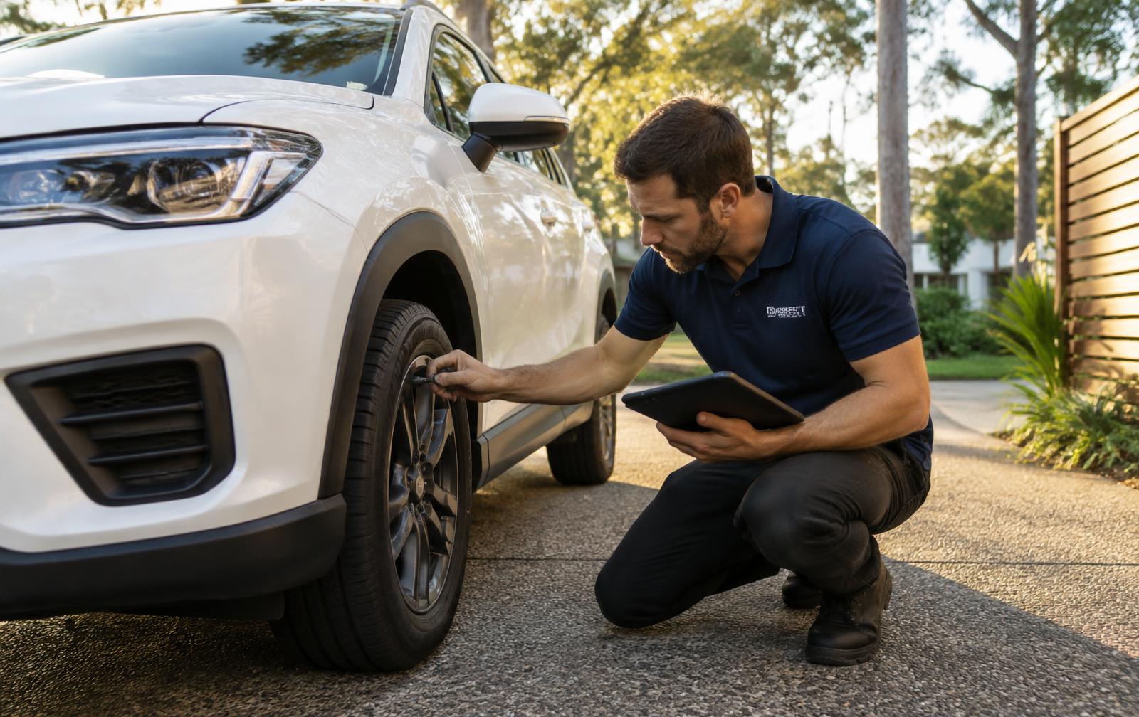Mobile roadworthy inspector checking a car tyre in a Brisbane driveway